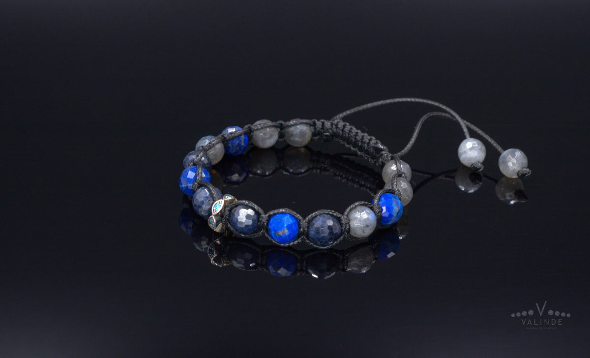 Sapphire and Lapis Lazuli Bracelet Men - Flash Labradorite Crystal Bracelet - 925 Silver Bead Bracelet - Gift for Men- Adjustable Bracelet