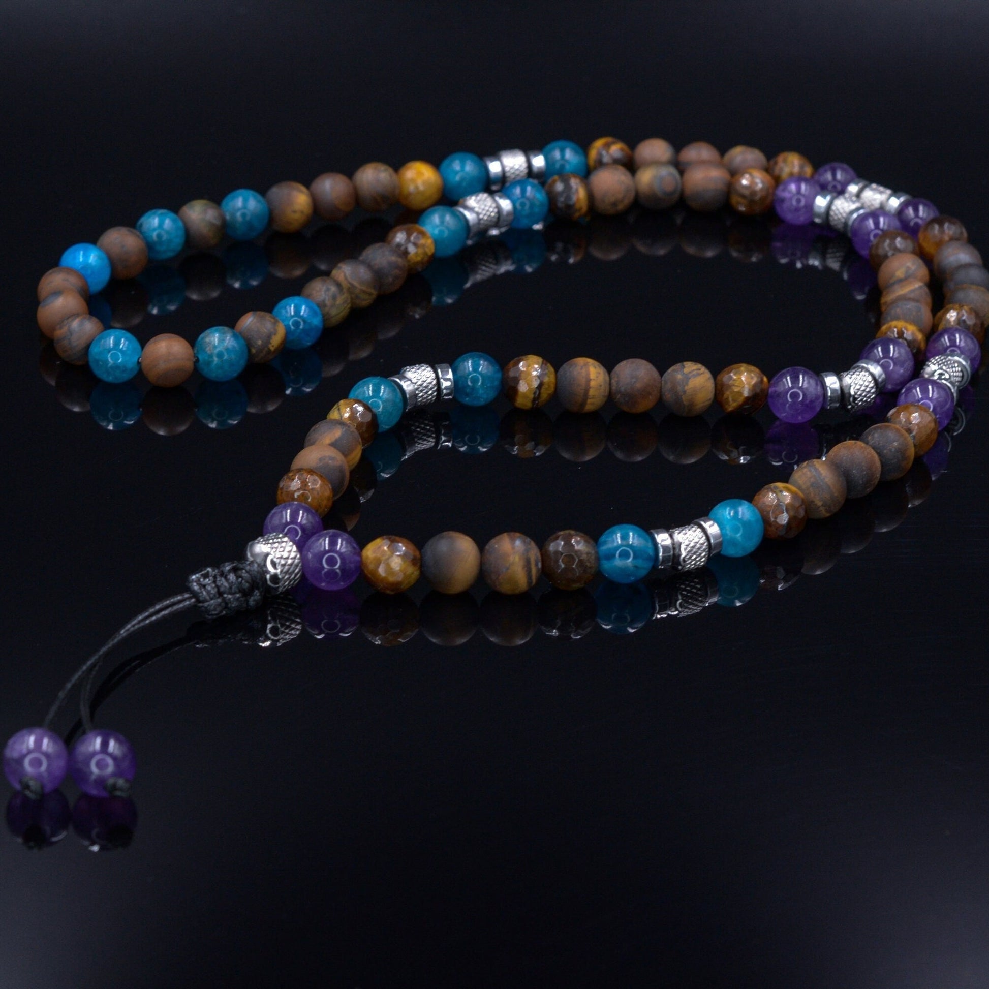 Men's Tiger's Eye and Apatite Necklace - Long Beaded Necklace - Amethyst Crystal Necklace - Gift for Man - Steel Beads Necklace - Men's Gift