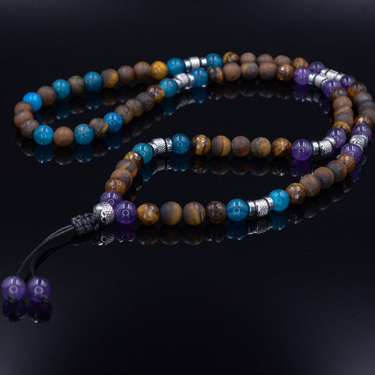 Men's Tiger's Eye and Apatite Necklace - Long Beaded Necklace - Amethyst Crystal Necklace - Gift for Man - Steel Beads Necklace - Men's Gift