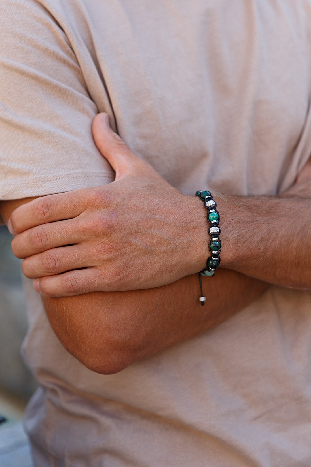 Genuine Emerald Bracelet for Men - Men's Gemstone Bead Bracelet - Amazonite Malachite Adjustable Bracelet - Gift for Men - Steel Bracelet