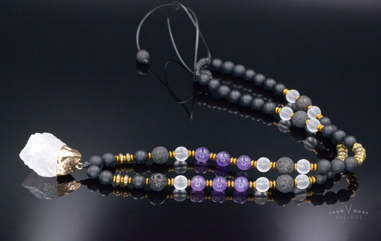 Raw Quartz Pendant Necklace - Men's Amethyst Lava Stone Onyx Bead Necklace - Long Crystal Necklace - Gift for Men - Adjustable Necklace