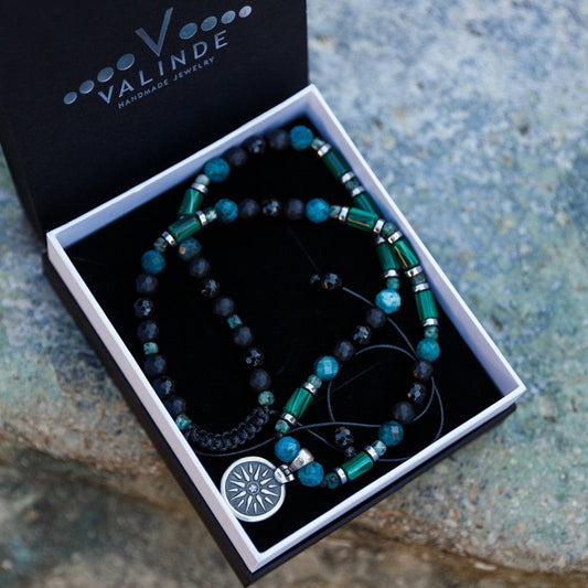 Vergina Sun Coin Necklace - Men's Malachite Apatite Agate Beaded Necklace - Short Necklace -Greek Silver Pendant Necklace - Gift For Men