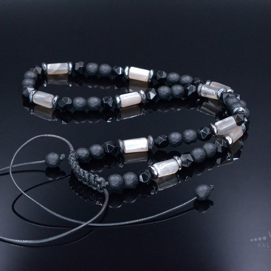 Men's Sunstone Necklace - Black Onyx Agate Hematite Beads Necklace - Short Adjustable Stone Necklace - Gift for Men - Father's Day Gift