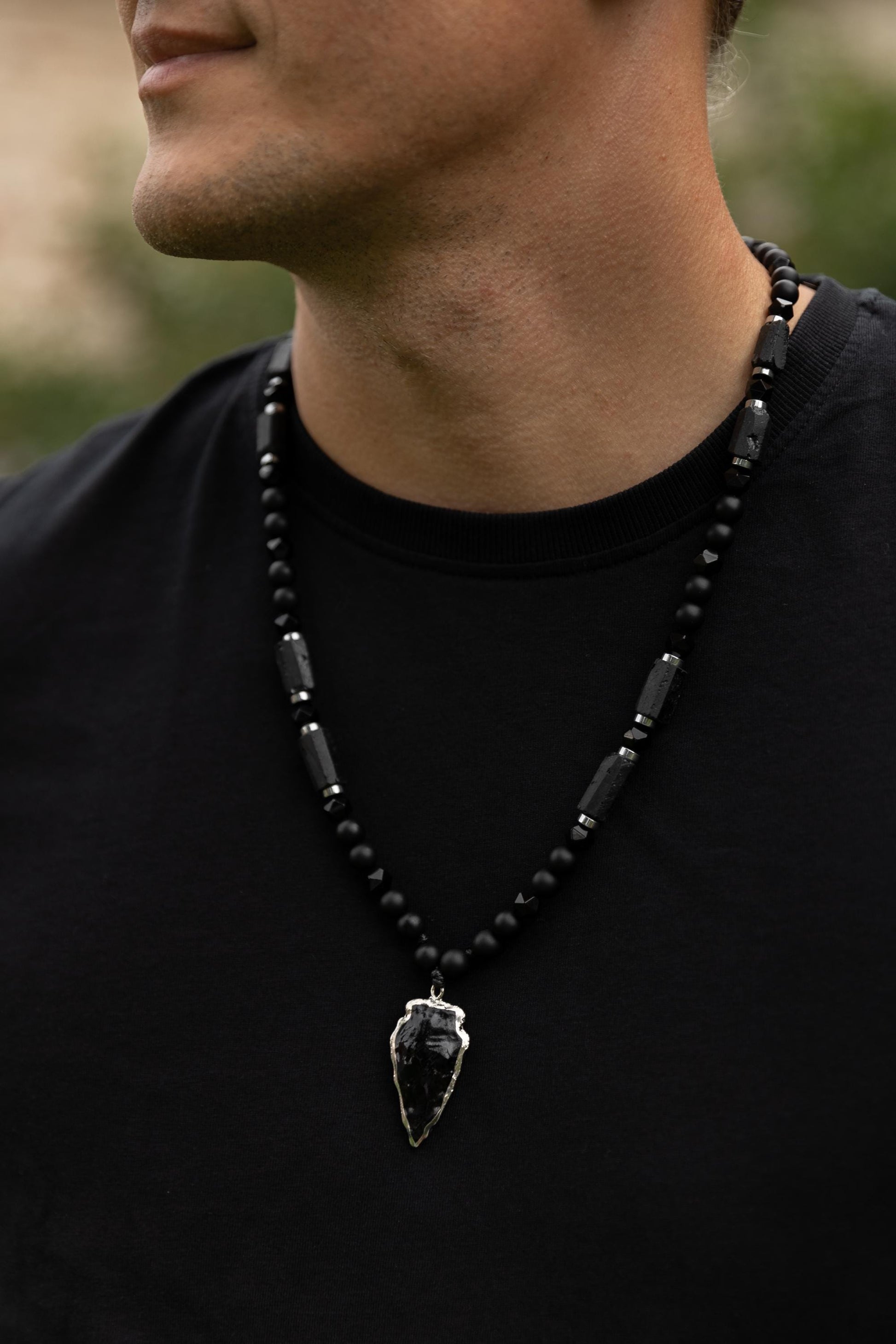 Men's Protection Necklace, Black Tourmaline Pendant Necklace, Onyx Agate Adjustable Necklace, Long Beaded Stone Necklace, Gift for Men