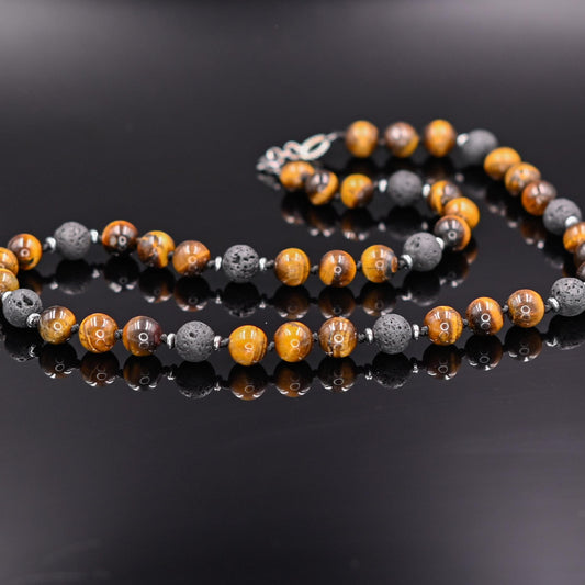 Men's Tiger Eye Knotted Necklace / Lava Stone Necklace / Short Necklace / Tiger's Eye Necklace / Handknotted Necklace / Gift for Men