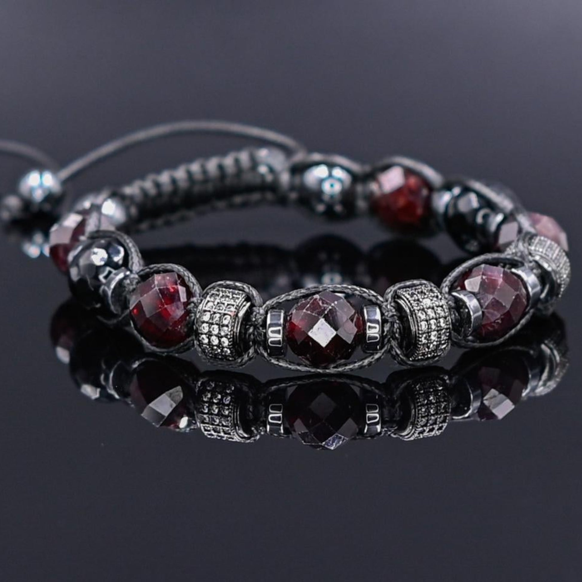 Men's Red Garnet Agate Hematite Gemstone Beaded Bracelet, Adjustable Macrame Bracelet, Gift for Men, Gift for Him, CZ Bracelet