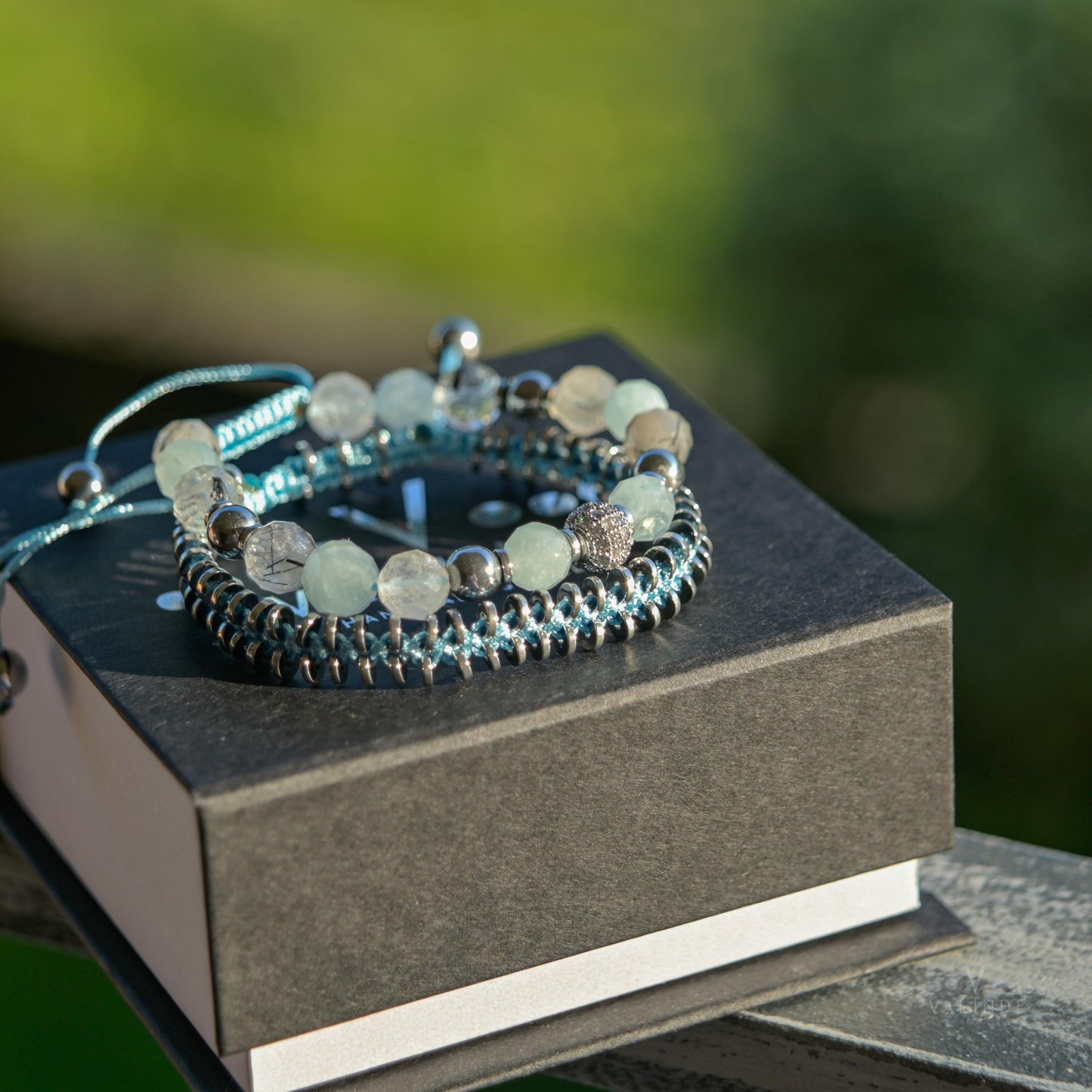Women's Aquamarine Rutilated Quartz Hematite Bracelet Set, Crystal Bracelet Set, Birthday Gift for Her