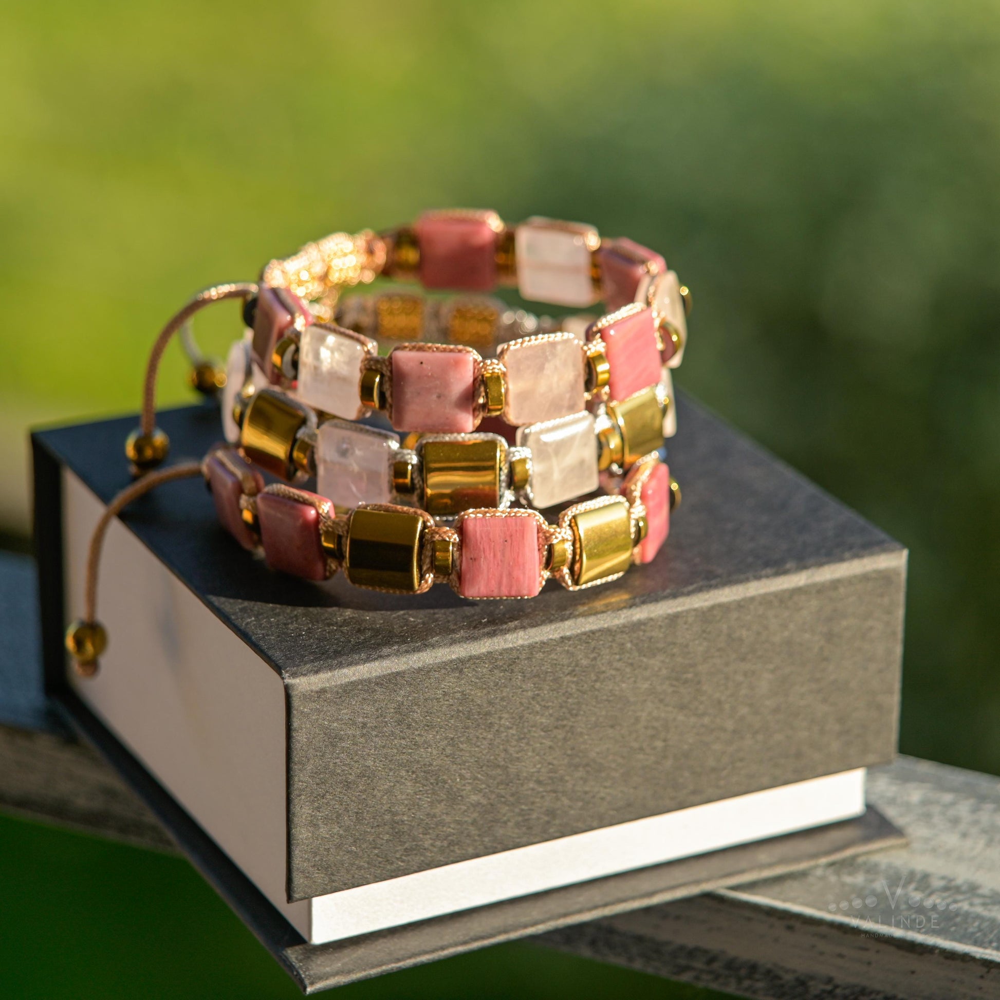 Rose Quartz Rhodonite Square Beaded Gemstone Bracelet, Women's Adjustable Braided Bracelet, Jewelry Gift for Her