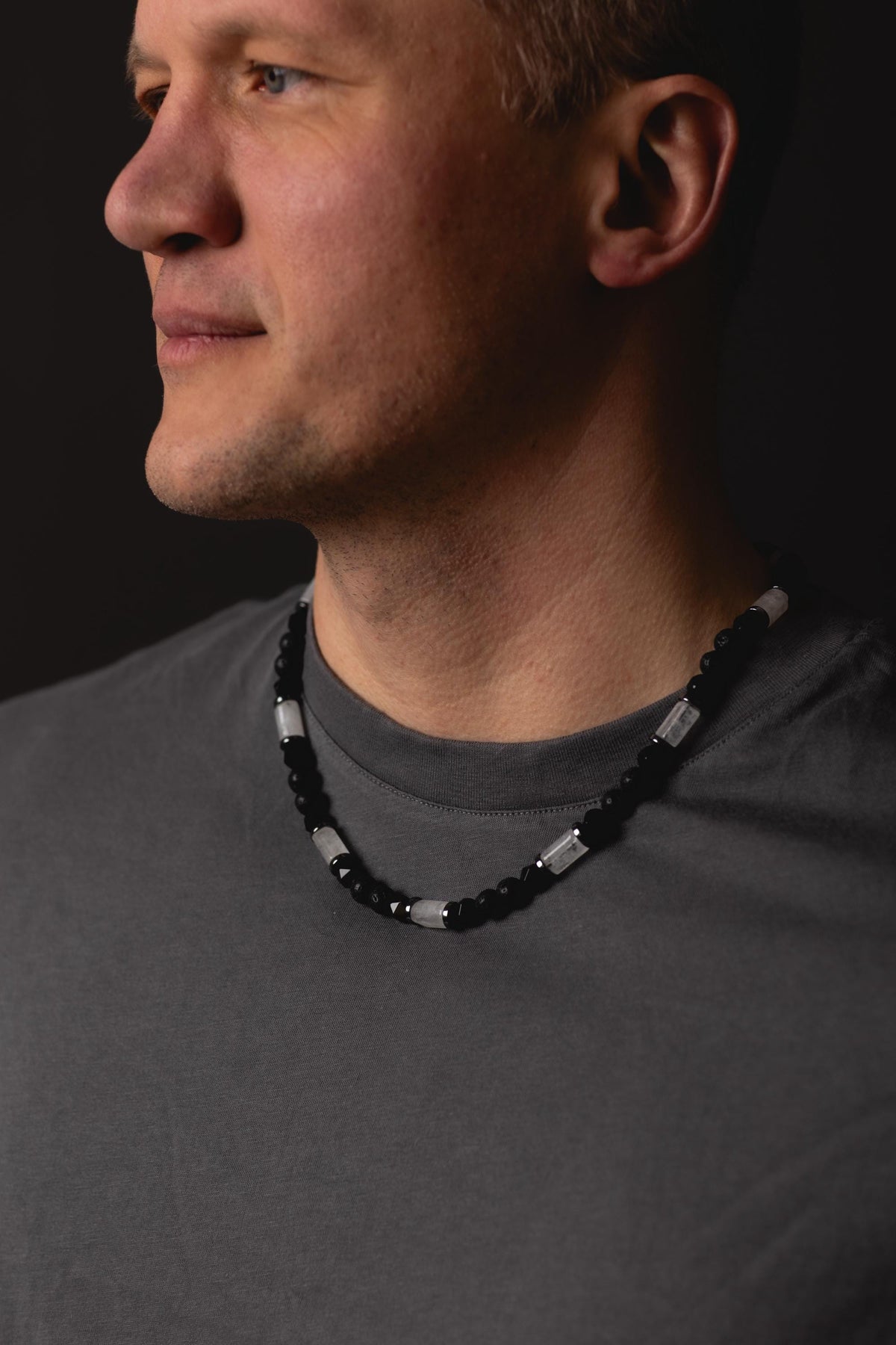 Men's Black Lava Stone & Rock Crystal Necklace, Natural Agate Beaded Jewelry, Spiritual Protection Necklace, Father's Day Gift