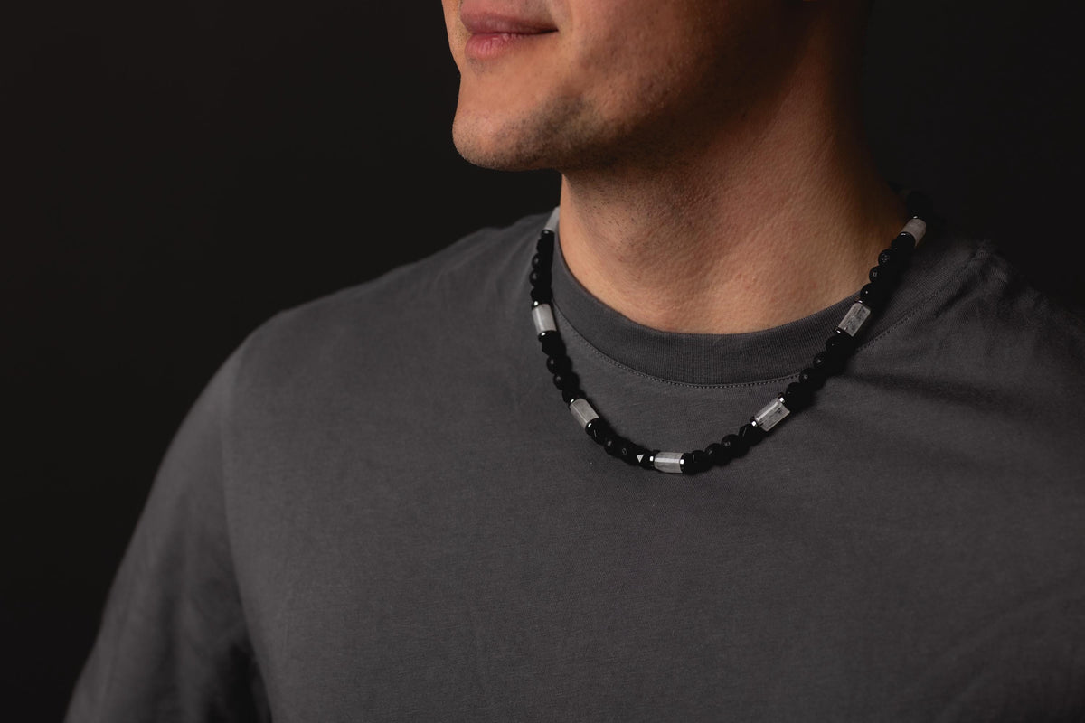 Men's Black Lava Stone & Rock Crystal Necklace, Natural Agate Beaded Jewelry, Spiritual Protection Necklace, Father's Day Gift