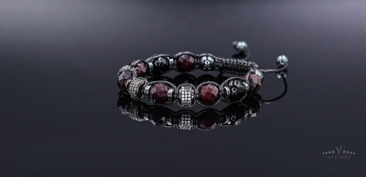 Men's Red Garnet Bracelet, Agate Hematite Beaded Bracelet for Men, Cubic Zirconia Paved Jewelry, Protection Healing Crystal Gift