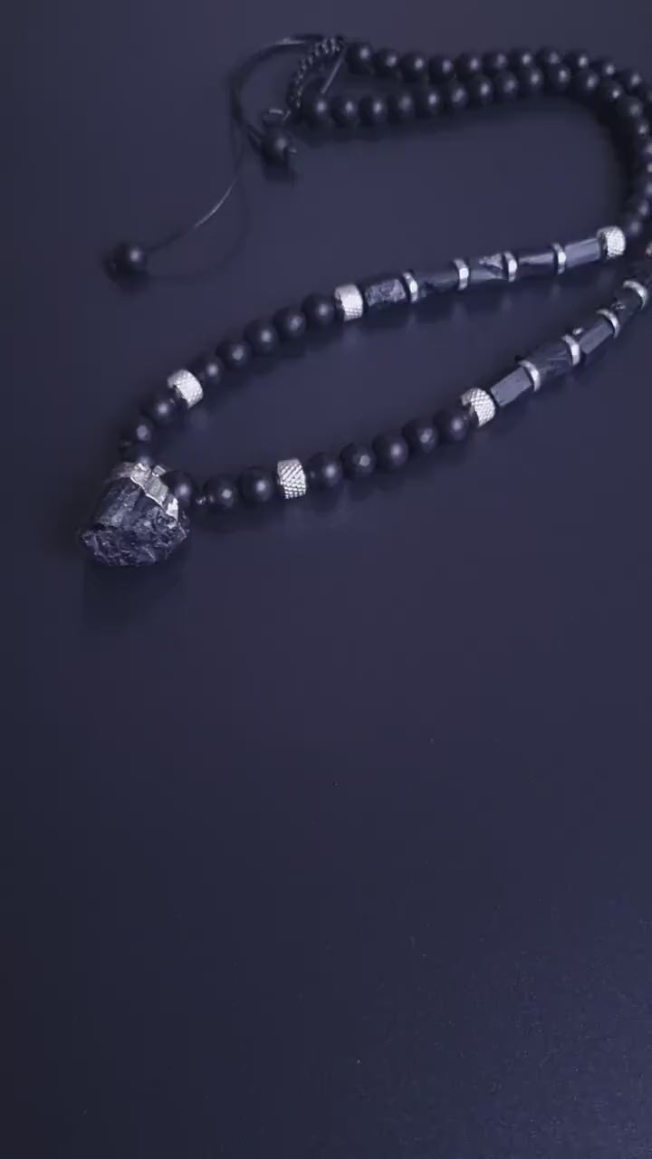 Raw Tourmaline Pendant Necklace for Men - Men's Black Onyx Necklace - Long Crystal Necklae - Steel Beads Adjustable Necklace - Gift for Men - Shamballa Necklace - Birthstone Necklace - Gemstone Necklace Men - Chakra Necklace - Macrame Necklace  - Healing Necklace - Valinde
