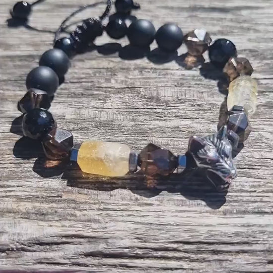 Men's Wolf Head Bead Bracelet - Citrine Crystal Bracelet - Adjustable Onyx Bracelet - Macrame Bracelet - Steel Beads Bracelet - Gift for Men