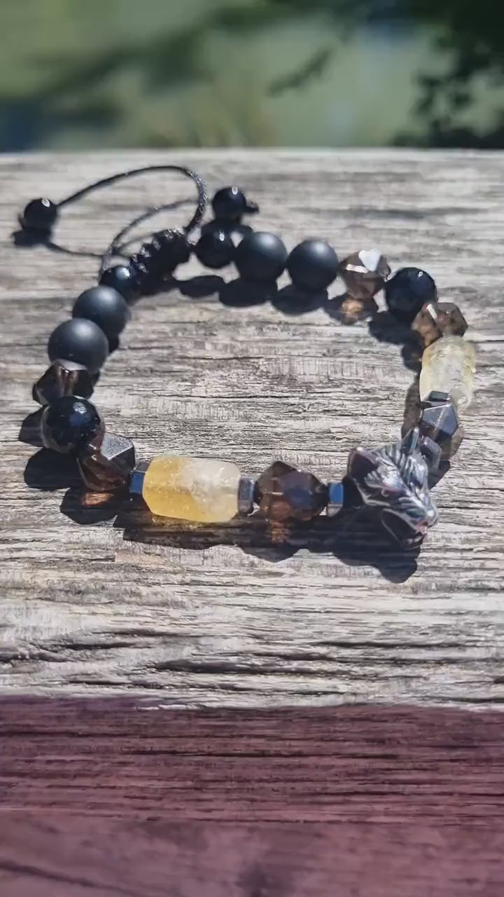 Men's Wolf Head Bead Bracelet - Citrine Crystal Bracelet - Adjustable Onyx Bracelet - Macrame Bracelet - Steel Beads Bracelet - Gift for Men