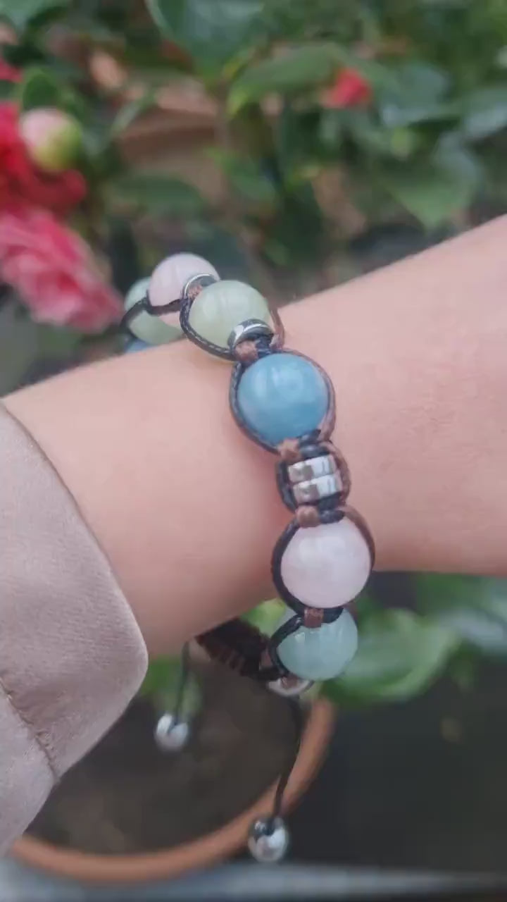 Genuine Morganite Crystal Bracelet, Women Morganite Quartz Hematite Beads Bracelet, Anniversary Gift for Woman, Adjustable Stone Bracelet - Shamballa Bracelet - Birthstone Bracelet - Gemstone Bracelet Men - Chakra Bracelet - Macrame Bracelet - Healing Bracelet - Valinde
