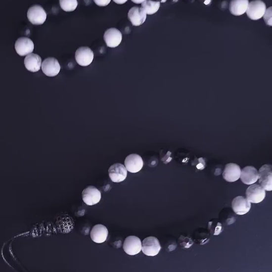 White Howlite Necklace - Men's Black Onyx Hematite Crystal Necklace - Long Beaded Necklace - Gift for Men - Summer Stone Necklace for Him - Shamballa Necklace - Birthstone Necklace - Gemstone Necklace Men - Chakra Necklace - Macrame Necklace  - Healing Necklace - Valinde
