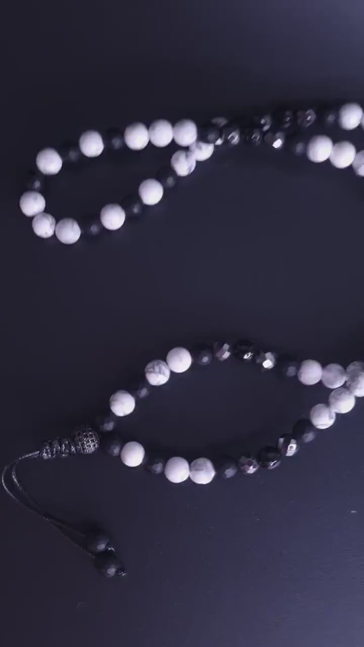 White Howlite Necklace - Men's Black Onyx Hematite Crystal Necklace - Long Beaded Necklace - Gift for Men - Summer Stone Necklace for Him - Shamballa Necklace - Birthstone Necklace - Gemstone Necklace Men - Chakra Necklace - Macrame Necklace  - Healing Necklace - Valinde
