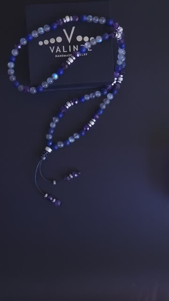 Natural Labradorite Long Necklace, Men's Amethyst Lapis Lazuli Crystal Necklace, Gift for Men, Steel Beads Summer Necklace, Men's Gift - Shamballa Necklace - Birthstone Necklace - Gemstone Necklace Men - Chakra Necklace - Macrame Necklace  - Healing Necklace - Valinde
