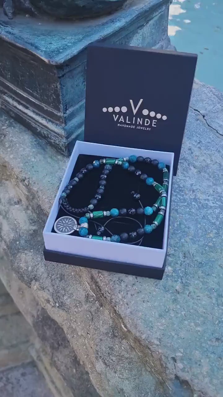 Vergina Sun Coin Necklace - Men's Malachite Apatite Agate Beaded Necklace - Short Necklace -Greek Silver Pendant Necklace - Gift For Men - Shamballa Necklace - Birthstone Necklace - Gemstone Necklace Men - Chakra Necklace - Macrame Necklace  - Healing Necklace - Valinde
