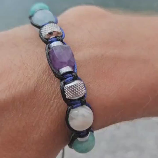 Amethyst Aquamarine Amazonite Adjustable Bracelet, Men's Crystal Bracelet, Steel Beaded Bracelet, Summer Bracelet Men, Onyx Bracelet