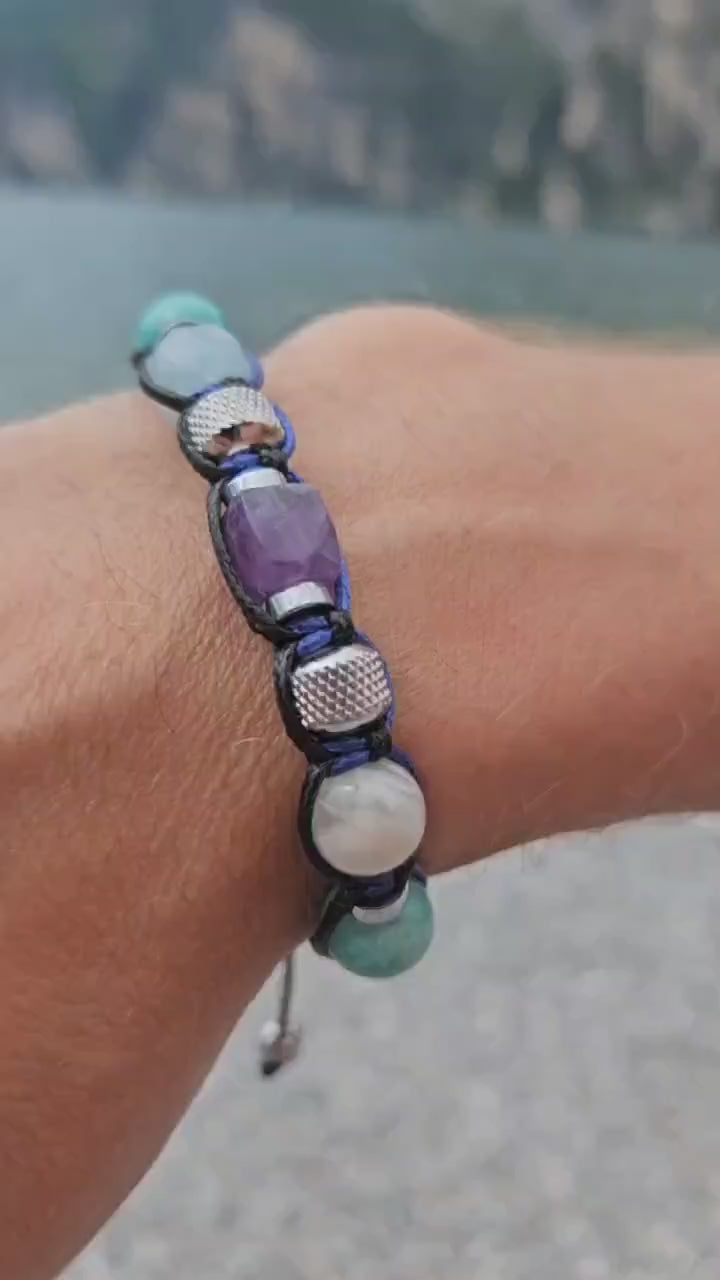 Amethyst Aquamarine Amazonite Adjustable Bracelet, Men's Crystal Bracelet, Steel Beaded Bracelet, Summer Bracelet Men, Onyx Bracelet