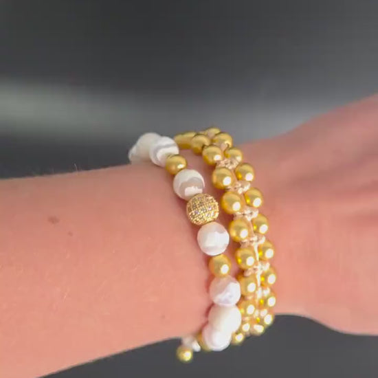 Women's Beaded Bracelet Set - Gold Hematite and White Agate Jewelry - Zirconia Statement Bracelet - Sparkly Gemstone Set for Her - Natural Mint Gemstone Gift for Her, Beaded Square Stone Bracelet for Women, Anniversary Gift, Spiritual Stone Bracelet, Natural Gemstone Macrame Jewelry, Gift for Her, Protection Stone Jewelry, Natural Stone Jewelry for Women, Gift for Her, Women's Adjustable Braided Bracelet, Jewelry Gift for Her, Birthday Gift for Her, Women's Gemstone Hematite Adjustable Braided Bracelet, Gif
