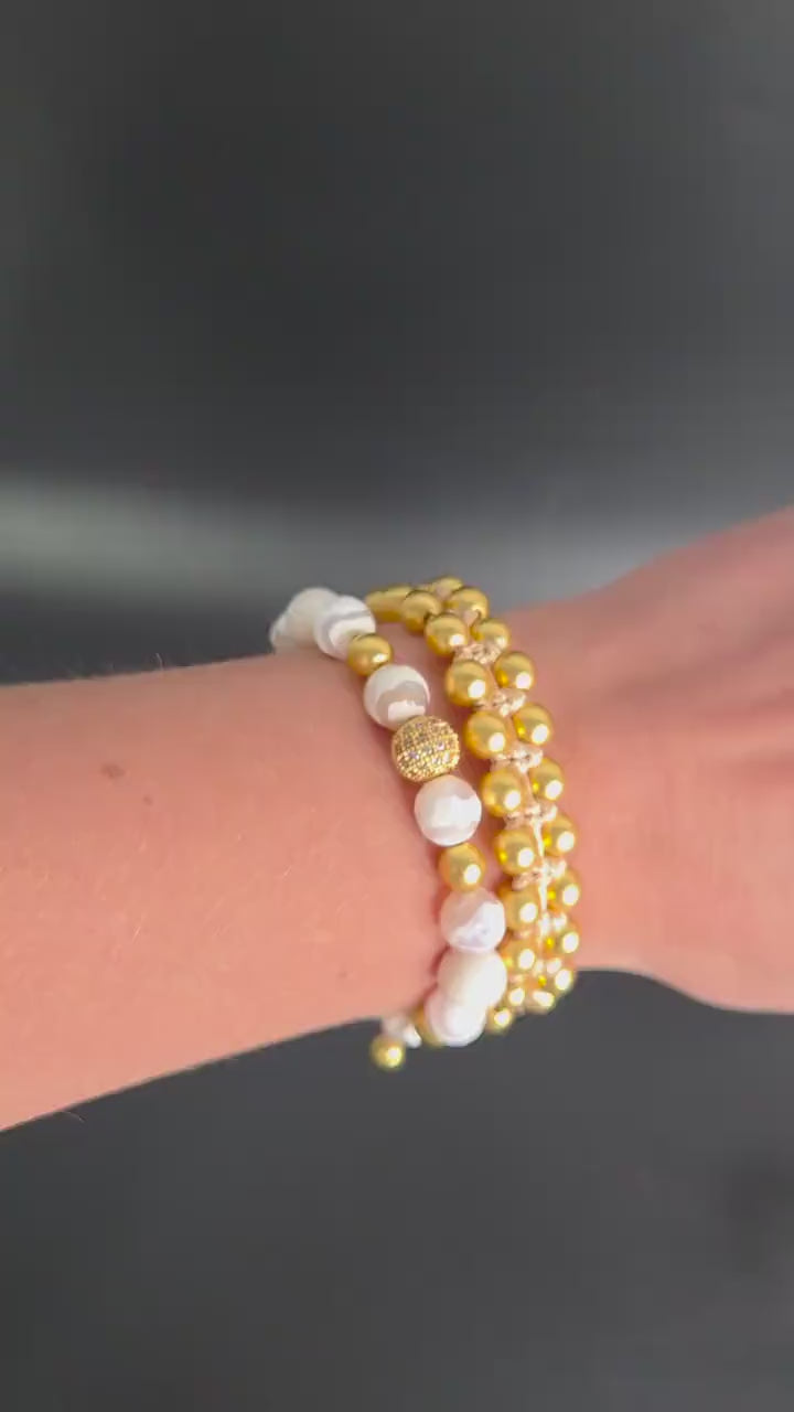 Women's Beaded Bracelet Set - Gold Hematite and White Agate Jewelry - Zirconia Statement Bracelet - Sparkly Gemstone Set for Her - Natural Mint Gemstone Gift for Her, Beaded Square Stone Bracelet for Women, Anniversary Gift, Spiritual Stone Bracelet, Natural Gemstone Macrame Jewelry, Gift for Her, Protection Stone Jewelry, Natural Stone Jewelry for Women, Gift for Her, Women's Adjustable Braided Bracelet, Jewelry Gift for Her, Birthday Gift for Her, Women's Gemstone Hematite Adjustable Braided Bracelet, Gif