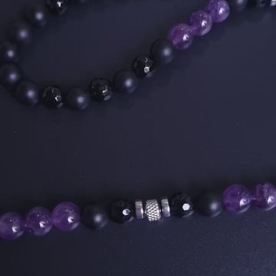 Men's Amethyst and Steel Beaded Necklace - Long Crystal Necklace - Black Onyx Necklace - Gift for Men - Agate Hematite Gemstone Necklace- Shamballa Necklace - Birthstone Necklace - Gemstone Necklace Men - Chakra Necklace - Macrame Necklace  - Healing Necklace - Valinde
