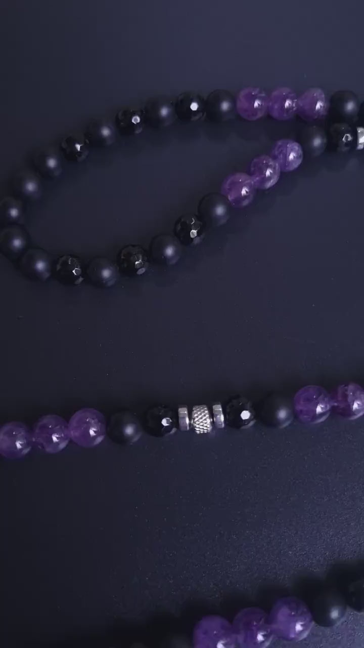 Men's Amethyst and Steel Beaded Necklace - Long Crystal Necklace - Black Onyx Necklace - Gift for Men - Agate Hematite Gemstone Necklace- Shamballa Necklace - Birthstone Necklace - Gemstone Necklace Men - Chakra Necklace - Macrame Necklace  - Healing Necklace - Valinde

