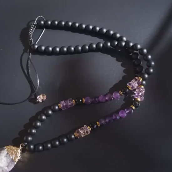 Ametrine Amethyst Crystal Necklace - Men's Raw Fluorite Pendant Necklace - Long Adjustable Necklace - Black Onyx Necklace - Gift for Men  - Shamballa Necklace - Birthstone Necklace - Gemstone Necklace Men - Chakra Necklace - Macrame Necklace  - Healing Necklace - Valinde
