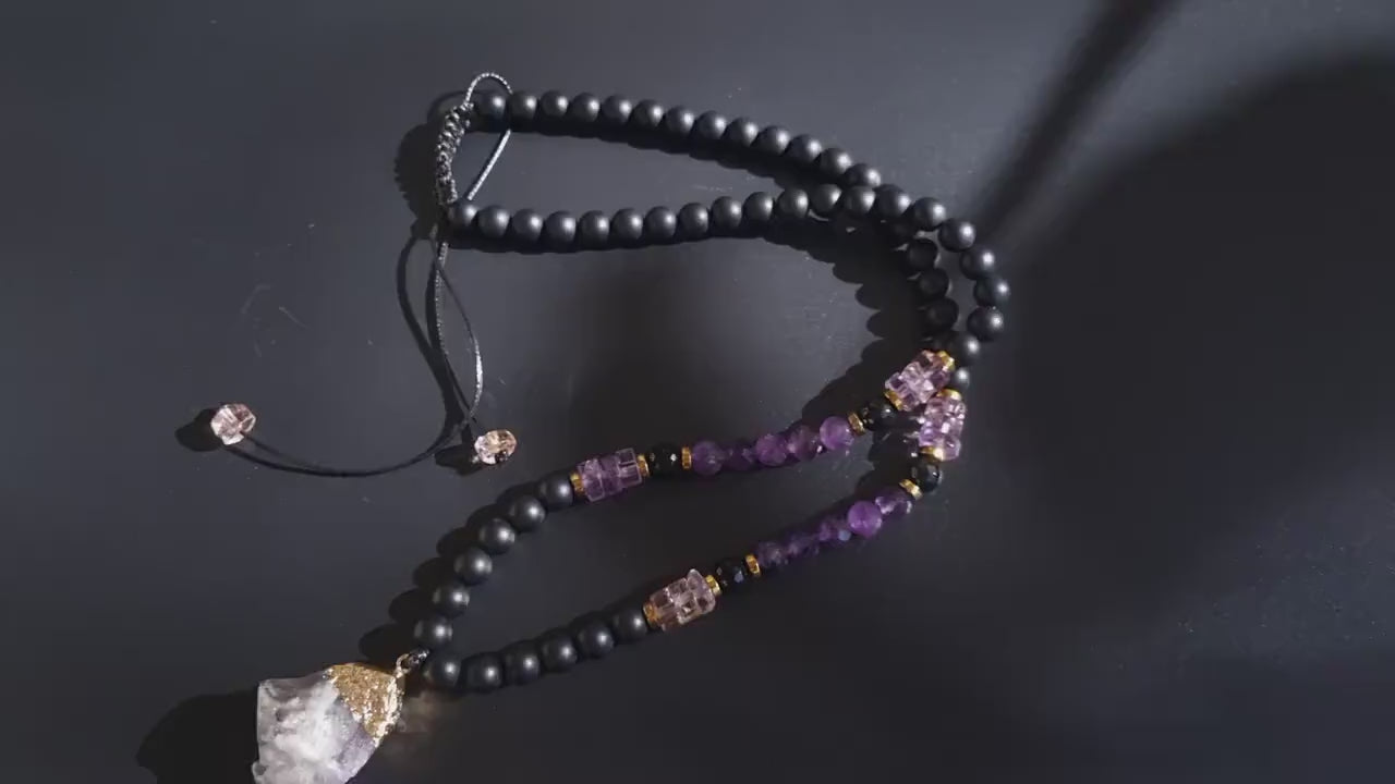 Ametrine Amethyst Crystal Necklace - Men's Raw Fluorite Pendant Necklace - Long Adjustable Necklace - Black Onyx Necklace - Gift for Men  - Shamballa Necklace - Birthstone Necklace - Gemstone Necklace Men - Chakra Necklace - Macrame Necklace  - Healing Necklace - Valinde
