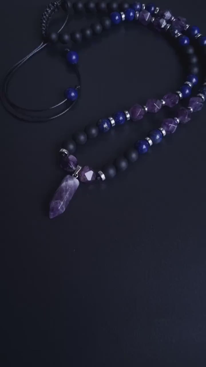 Beaded Bracelet_Men Necklace_Amethyst Lapis Lazuli Onyx Hematite_Gemstone Necklace_Handmade Jewelry_Chakra Bracelets_Birthstone Bracelet_
