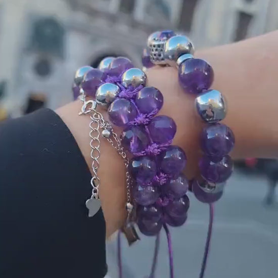 Women's Genuine Amethyst Bracelet Set - 925 Silver Bead Bracelet - Hematite Bracelet - Gift for Woman - Adjustable Crystal Bracelet  - Shamballa Bracelet - Birthstone Bracelet - Gemstone Bracelet Men - Chakra Bracelet - Macrame Bracelet - Healing Bracelet - Valinde
