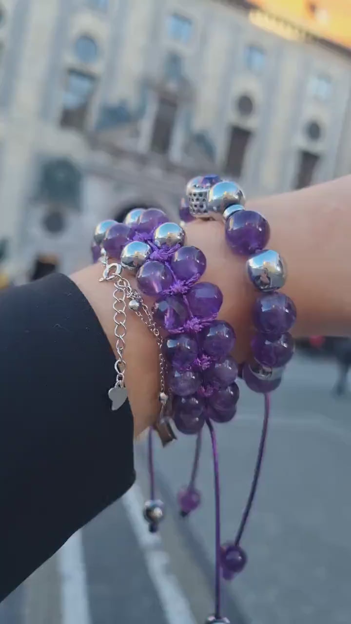 Women's Genuine Amethyst Bracelet Set - 925 Silver Bead Bracelet - Hematite Bracelet - Gift for Woman - Adjustable Crystal Bracelet  - Shamballa Bracelet - Birthstone Bracelet - Gemstone Bracelet Men - Chakra Bracelet - Macrame Bracelet - Healing Bracelet - Valinde

