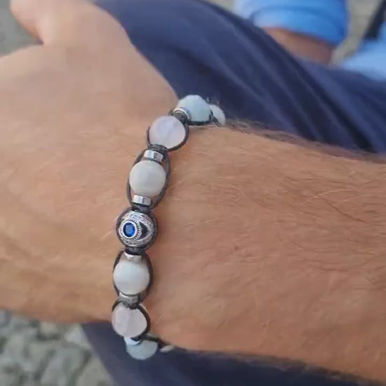 Men's 925 Silver Bead Bracelet - White Sunstone Moonstone Aquamarine Crystal Bracelet - Gift for Men - Adjustable Bracelet - Men's Gift
