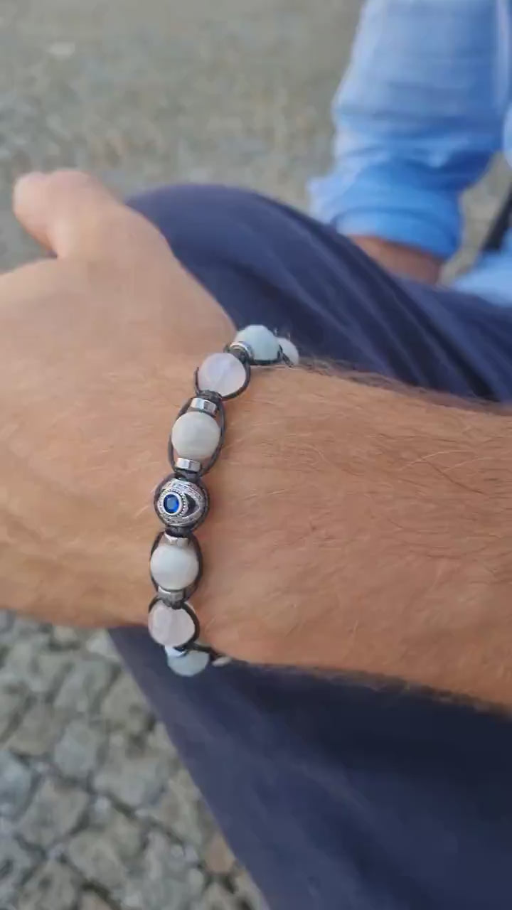 Men's 925 Silver Bead Bracelet - White Sunstone Moonstone Aquamarine Crystal Bracelet - Gift for Men - Adjustable Bracelet - Men's Gift