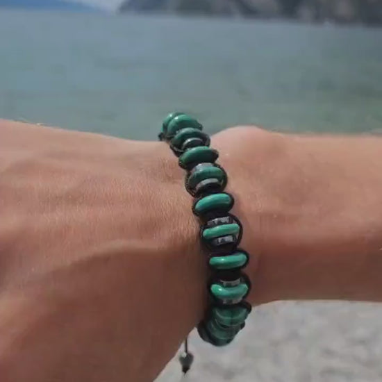 Malachite Bracelet Men, Gemstone Hematite Bracelet, Braided Adjustable Bracelet, Gift for Men, Christmas Gift, Green Stone Bead Bracelet