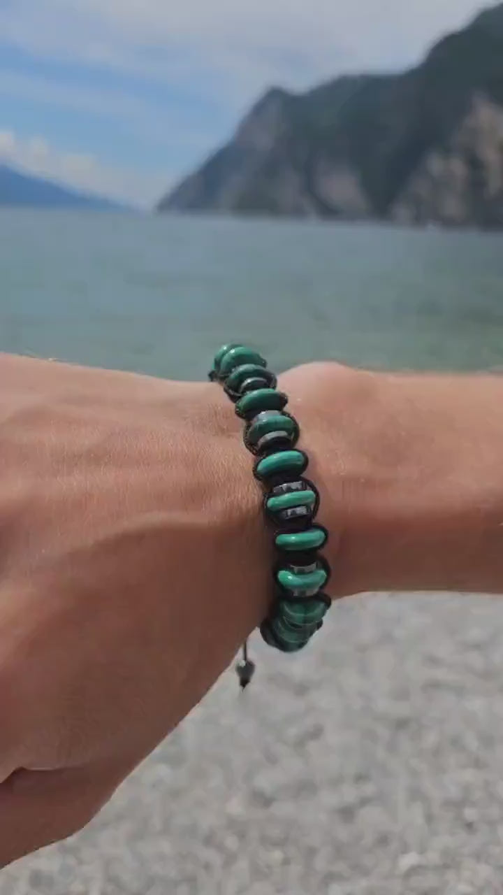 Malachite Bracelet Men, Gemstone Hematite Bracelet, Braided Adjustable Bracelet, Gift for Men, Christmas Gift, Green Stone Bead Bracelet