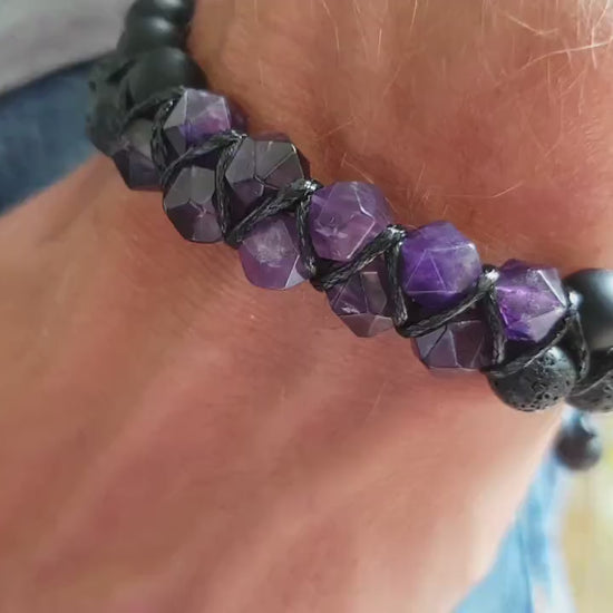 Amethyst Double Row Bracelet Men's Braided Bracelet Onyx Bracelet Gift for Men Adjustable Crystal Bracelet Lava Stone Macrame Bracelet - Shamballa Bracelet - Birthstone Bracelet - Gemstone Bracelet Men - Chakra Bracelet - Macrame Bracelet - Healing Bracelet