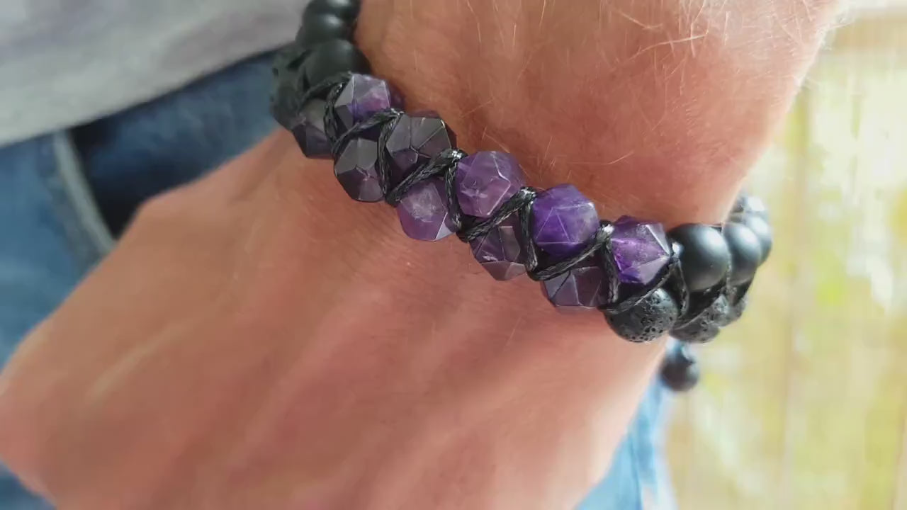 Amethyst Double Row Bracelet Men's Braided Bracelet Onyx Bracelet Gift for Men Adjustable Crystal Bracelet Lava Stone Macrame Bracelet - Shamballa Bracelet - Birthstone Bracelet - Gemstone Bracelet Men - Chakra Bracelet - Macrame Bracelet - Healing Bracelet