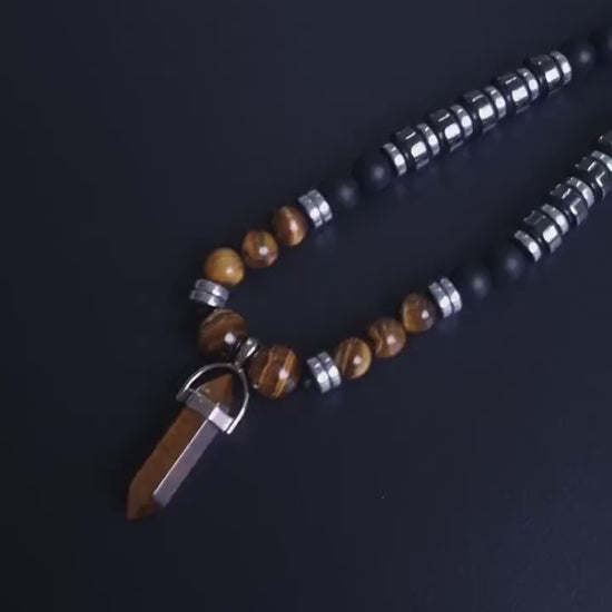 Men's Tiger's Eye & Hematite Beaded Necklace - Long Necklace - Gift for Men- Father's Day Gift - Tiger Eye Pendant Necklace - Onyx Necklace - Shamballa Necklace - Birthstone Necklace - Gemstone Necklace Men - Chakra Necklace - Macrame Necklace  - Healing Necklace - Valinde
