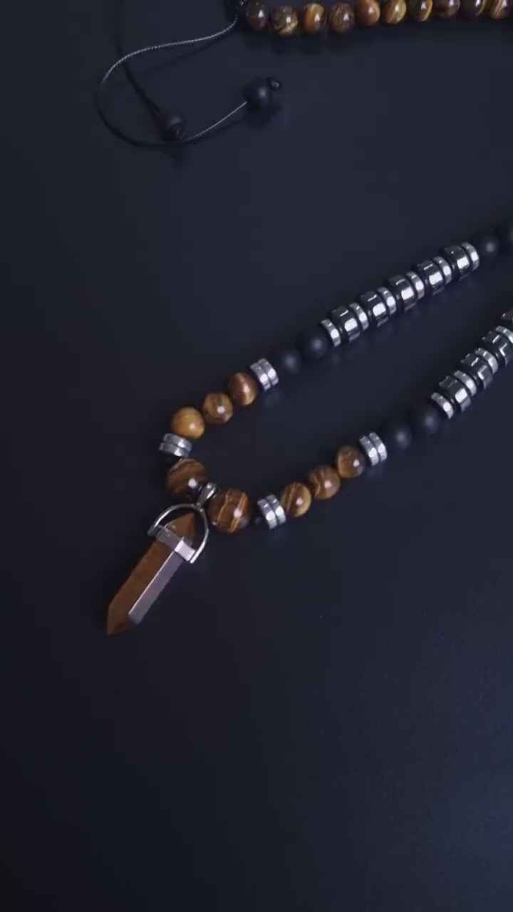 Men's Tiger's Eye & Hematite Beaded Necklace - Long Necklace - Gift for Men- Father's Day Gift - Tiger Eye Pendant Necklace - Onyx Necklace - Shamballa Necklace - Birthstone Necklace - Gemstone Necklace Men - Chakra Necklace - Macrame Necklace  - Healing Necklace - Valinde
