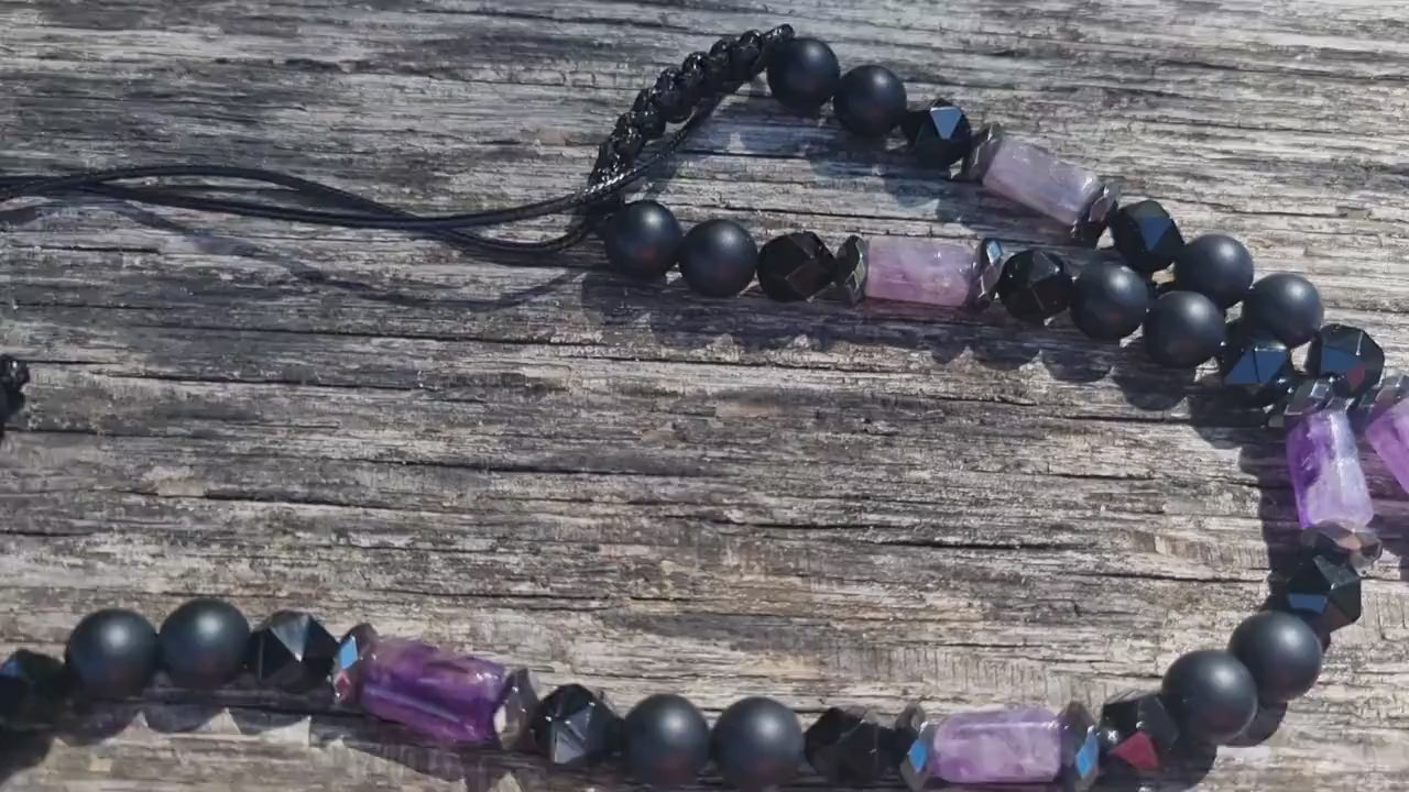 Amethyst Crystal Necklace for Men - Men's Black Onyx Short Necklace - Gift for Men - Adjustable Beaded necklace - Agate Stone Necklace - Shamballa Necklace - Birthstone Necklace - Gemstone Necklace Men - Chakra Necklace - Macrame Necklace  - Healing Necklace - Valinde
