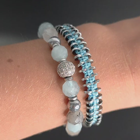 Women's Aquamarine Rutilated Quartz Hematite Bracelet Set, Crystal Bracelet Set, Birthday Gift for Her, Women's Gemstone Hematite Adjustable Braided Bracelet, Gift for Her, Women's Gift - Shamballa Bracelet - Birthstone Bracelet - Yoga Bracelet -  Gemstone Bracelet Women - Chakra Bracelet - Macrame Bracelet - Healing Bracelet - Valinde
