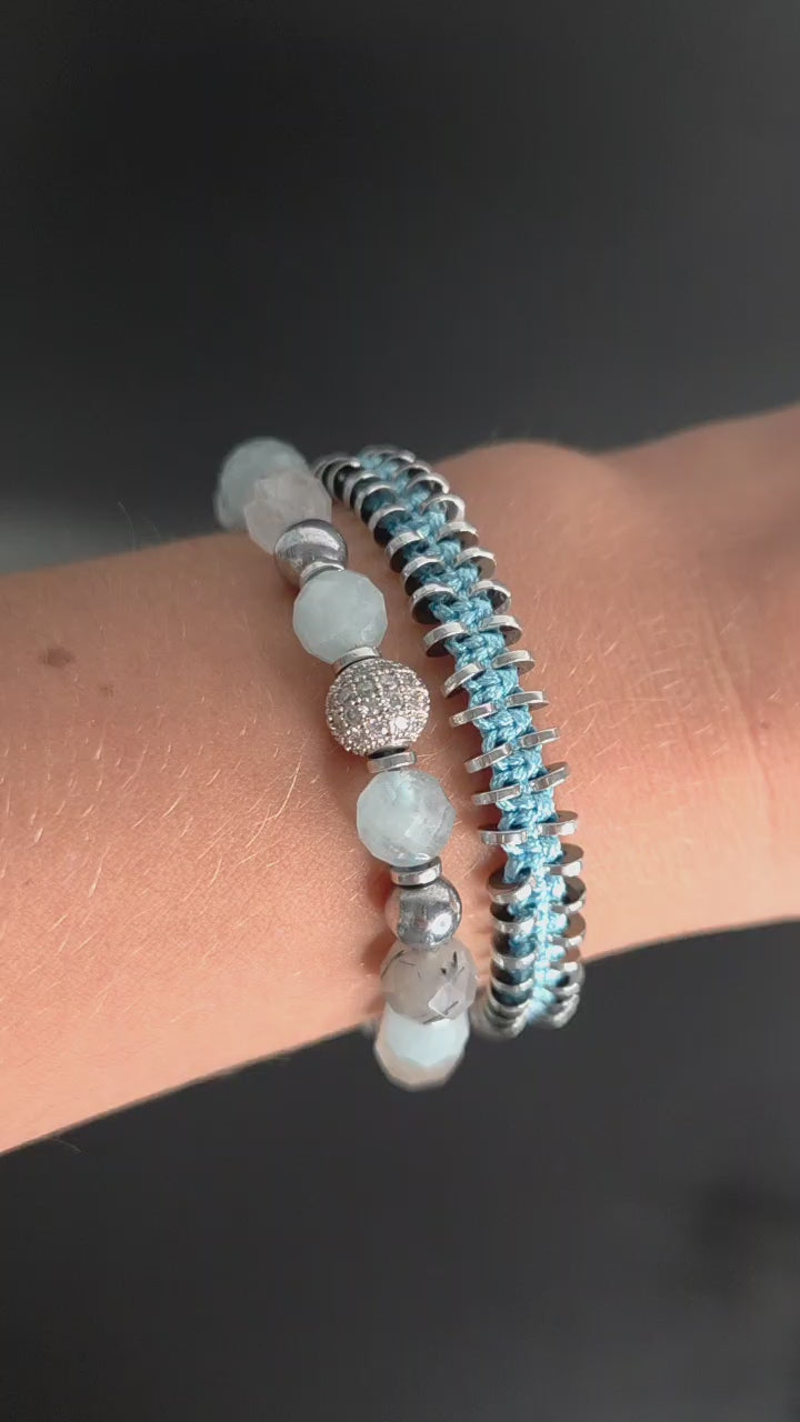 Women's Aquamarine Rutilated Quartz Hematite Bracelet Set, Crystal Bracelet Set, Birthday Gift for Her, Women's Gemstone Hematite Adjustable Braided Bracelet, Gift for Her, Women's Gift - Shamballa Bracelet - Birthstone Bracelet - Yoga Bracelet -  Gemstone Bracelet Women - Chakra Bracelet - Macrame Bracelet - Healing Bracelet - Valinde
