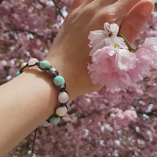 Women's Aquamarine Bracelet Moonstone & Rose Quartz Crystal Bracelet Gift for Woman Christmas Gift Adjustable Beaded Bracelet for Women  - Shamballa Bracelet - Birthstone Bracelet - Gemstone Bracelet Women - Chakra Bracelet - Macrame Bracelet - Healing Bracelet - Valinde
