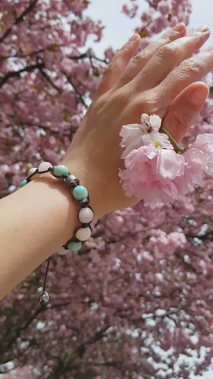 Women's Aquamarine Bracelet Moonstone & Rose Quartz Crystal Bracelet Gift for Woman Christmas Gift Adjustable Beaded Bracelet for Women  - Shamballa Bracelet - Birthstone Bracelet - Gemstone Bracelet Women - Chakra Bracelet - Macrame Bracelet - Healing Bracelet - Valinde
