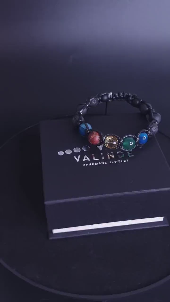Men's Agate Crystal Bracelet - Black Lava Stone Onyx Braided Bracelet - Adjustable Macrame Bracelet - Gift for Men - Dzi Agate Bracelet  - Shamballa Bracelet - Birthstone Bracelet - Gemstone Bracelet Men - Chakra Bracelet - Macrame Bracelet - Healing Bracelet - Valinde
